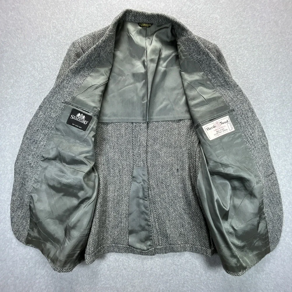 Vintage Harris Tweed Blazer Mens 42R Gray Herringbone Sport Coat Jacket Stafford